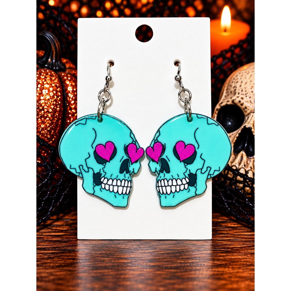 Turquoise Skull Earrings Pink Heart Eyes Halloween Spooky Dangle Earrings